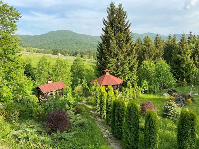 Priveliște peste grădina cabanei și munții din Valea Doftanei